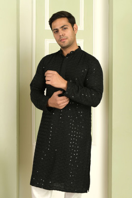 LEMONX Men Self Design Straight Kurta(Black)