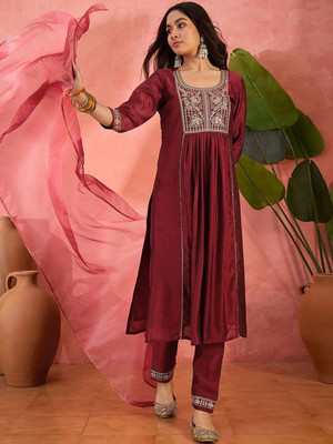 Sangria Embroidered Kurta, Trouser/Pant & Dupatta Set