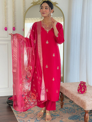MEHZEEL FAB Embroidered Kurta, Trouser/Pant & Dupatta Set