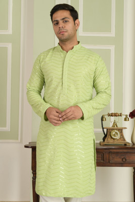 LEMONX Men Embellished Straight Kurta(Green)