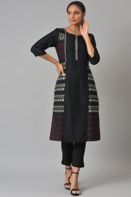 W Women Geometric Print Straight Kurta(Black)