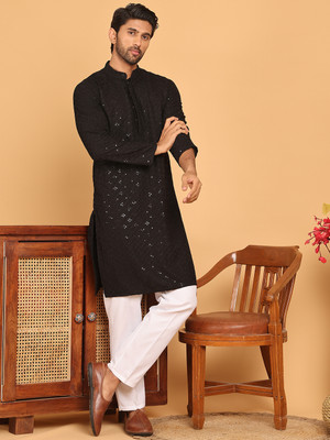 Jompers Men Embroidered Straight Kurta(Black)