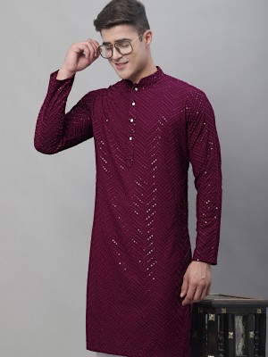 Jompers Men Striped Straight Kurta(Purple)