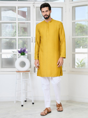 See Designs Men Self Design Straight Kurta(Yellow)