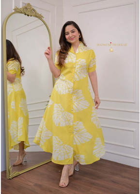 DEVDHAM Women Printed Flared Kurta(Yellow)