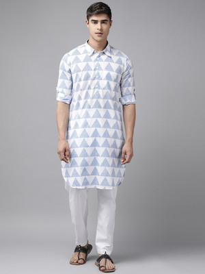 See Designs Men Printed Pathani Kurta(White, Light Blue)