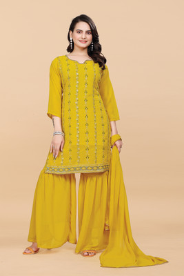 DHARMVIJ CREATION Embroidered Kurta, Palazzo & Dupatta Set