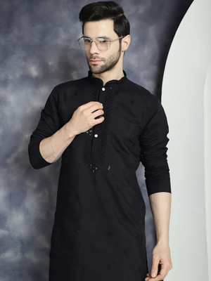 ANOUK Men Printed Straight Kurta(Black)