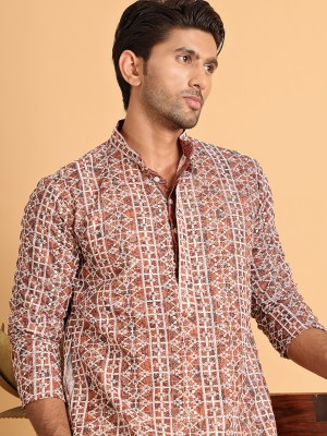 Jompers Men Embroidered Straight Kurta(Brown)