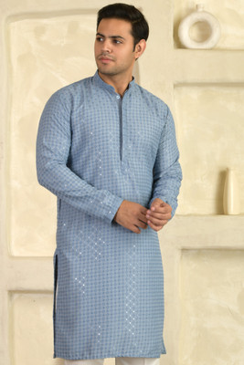 LEMONX Men Embroidered Straight Kurta(Light Blue)
