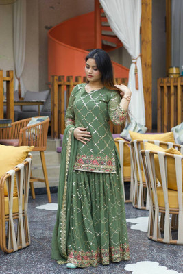 Dhanshavi tex Women Ethnic Top Sharara Attached Dupatta Set