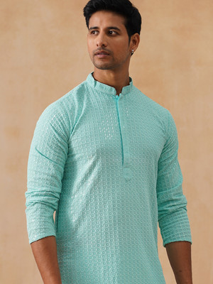 Jompers Men Self Design Straight Kurta(Blue)