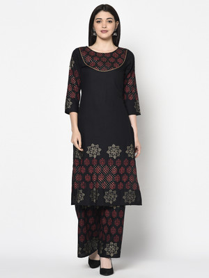 Aniyah Women Block Print Straight Kurta(Black)