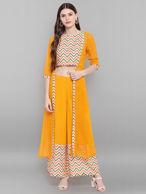 Janasya Women Ethnic Top Palazzo Ethnic Jacket Set