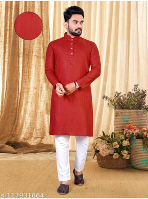 PRINCYENT Men Self Design A-line Kurta(Red)