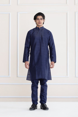 SHROBH Men Solid Straight Kurta(Dark Blue)