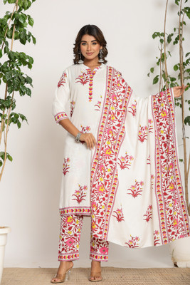 Jaipuri Bunaai Floral Print Kurta, Trouser/Pant & Dupatta Set