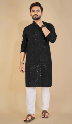 MENSKURTA Men Embellished Straight Kurta(Green)