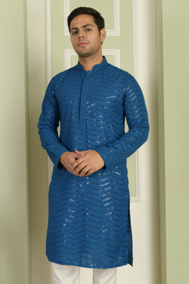 LEMONX Men Embellished, Embroidered Straight Kurta(Blue)