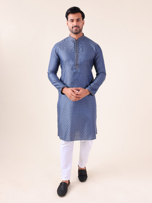 Aurik Men Printed Straight Kurta(Grey)