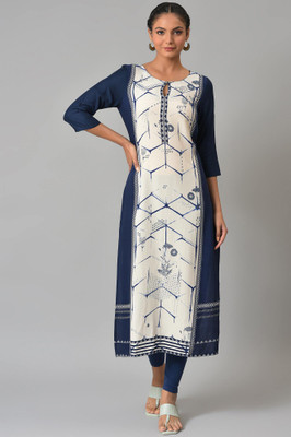 W Women Geometric Print Straight Kurta(Blue, White)