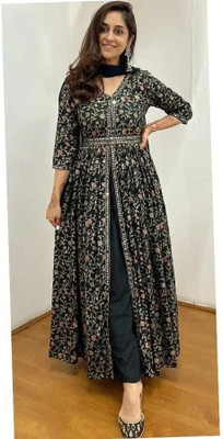 jaishreeshyam Women Printed, Floral Print, Embellished, Embroidered Frontslit Kurta(Black)