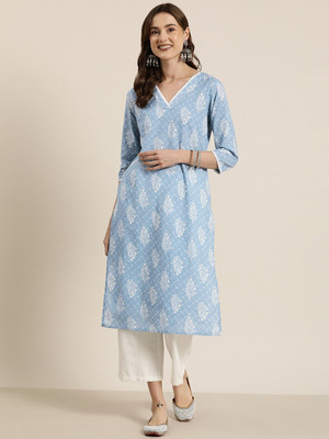 Kairab Women Floral Print Straight Kurta(Light Blue)