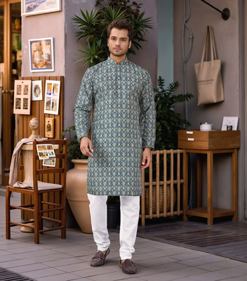 Outluk Men Printed A-line Kurta(Dark Blue)