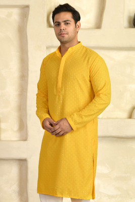 LEMONX Men Embellished Straight Kurta(Yellow)