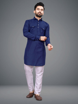 FRELURO Men Solid Straight Kurta(Dark Blue)