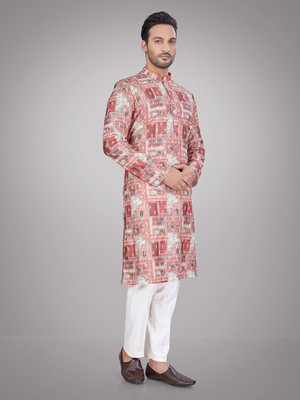 JUGG JUGG JEEYO Men Printed Straight Kurta(Pink)