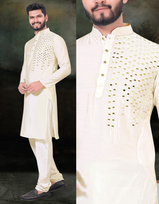 Wishland Men Solid A-line Kurta(Beige)
