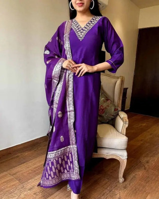 Blue Zircon Embroidered, Solid Kurta, Trouser/Pant & Dupatta Set