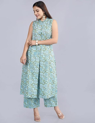 hustle bustle Women Floral Print Frontslit Kurta(Blue)