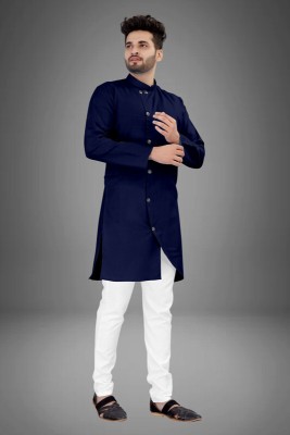 CRYSTALREVENUE Men Solid Straight Kurta(Dark Blue)