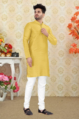 Shree Dutt Creation Men Self Design Straight Kurta(Yellow)