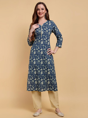 GREYSHADE Women Floral Print A-line Kurta(Blue)