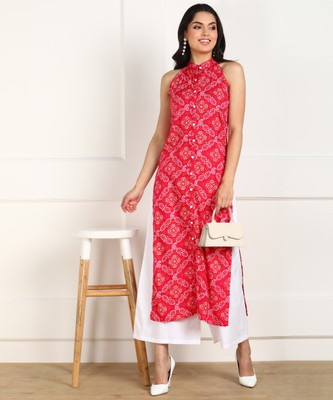 eyka Women Bandhani Straight Kurta(Pink)