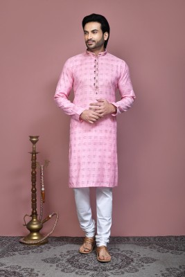 RANAK Men Printed Straight Kurta(Pink)