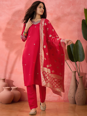 ShopGlobal Embroidered Kurta, Trouser/Pant & Dupatta Set