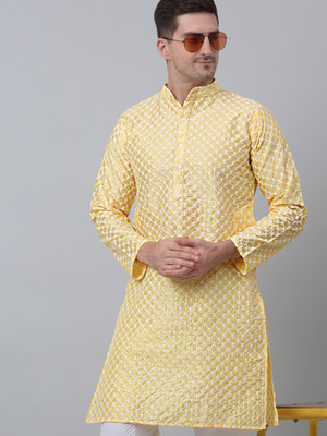 Jompers Men Embroidered Straight Kurta(Yellow)