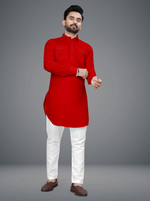 FRELURO Men Solid Straight Kurta(Red)