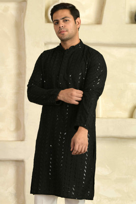 LEMONX Men Embroidered Straight Kurta(Black)