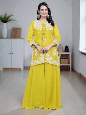 Rangmohini Women Crop Top Sharara Ethnic Jacket Set