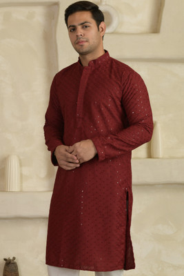 LEMONX Men Embellished Straight Kurta(Maroon)