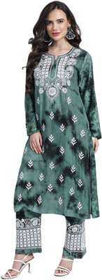 Nazaqat Women Chikan Embroidery Ethnic Dress Kurta(Green)