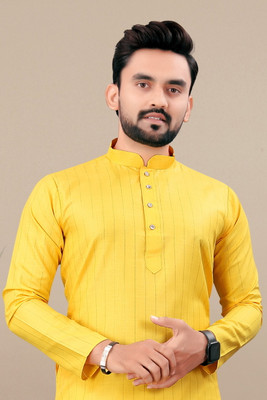 Aamond Men Striped A-line Kurta(Yellow)