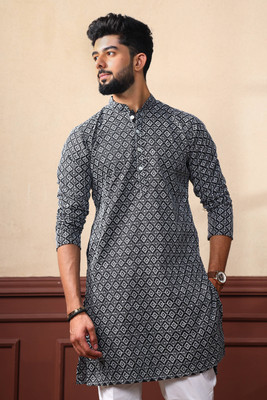Koshin Men Printed Straight Kurta(Black)
