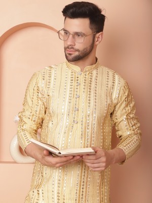 Jompers Men Embroidered Straight Kurta(Gold)