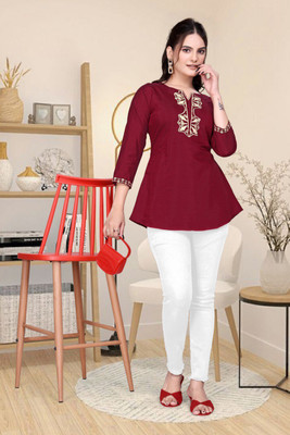 Oneclickshopping Party Embroidered Women Maroon Top